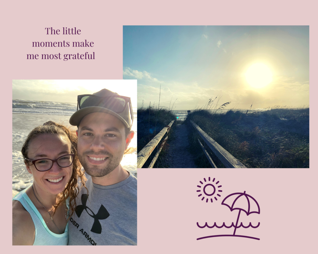 one picture of me and Gus enjoying the sunshine on the beaches of Florida. The other picture is the boardwalk to the beach right at sunrise. The moments are ones I always cherish 