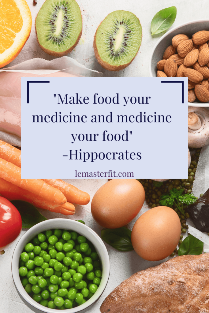 A quote from Hippocrates with healthy fruits, vegetables, and meats behind the quote.